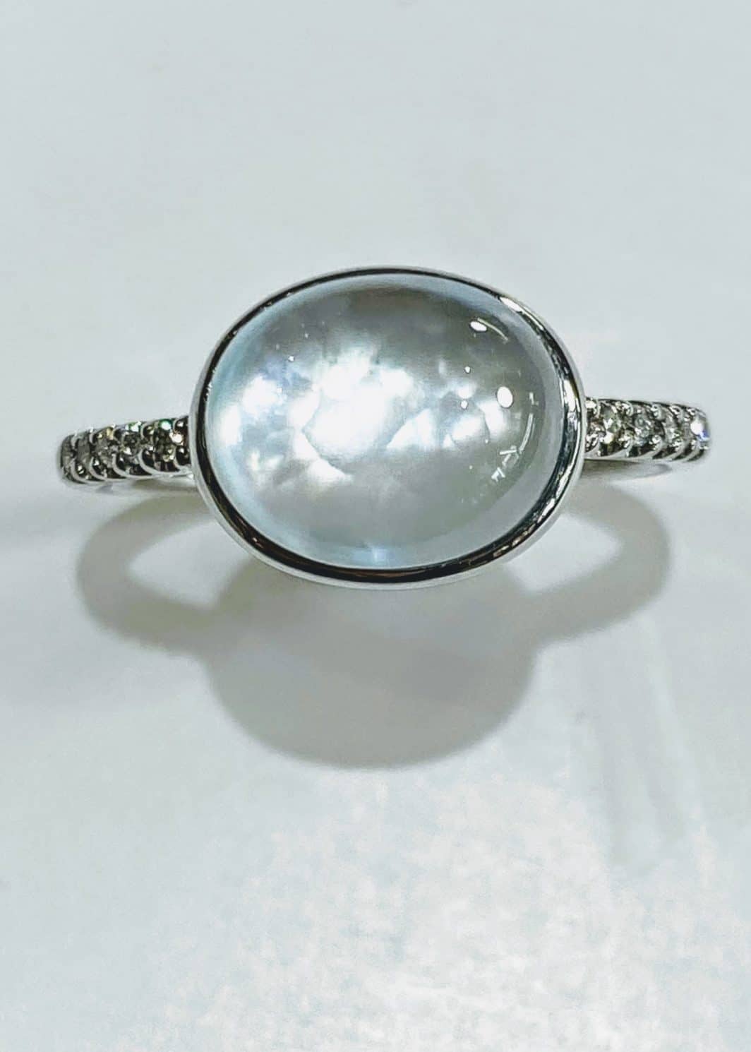 14k White Gold With Sky Blue Moon Stone and Diamonds